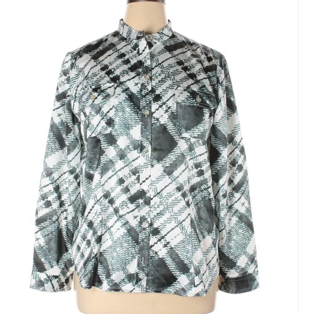 Chico's White Black Green Long Sleeve Blouse Sz 3